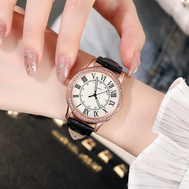 Women's Leisure Alloy Imitation Leather Belt Round Dial Quartz Watch With Diamondencrusted Luminous Design And Stainless Steel Buckle - Image 3