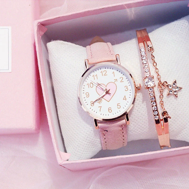 Women's Leisure Cute Heart Shaped Alloy Case Imitation Leather Strap Titanium Buckle Watch