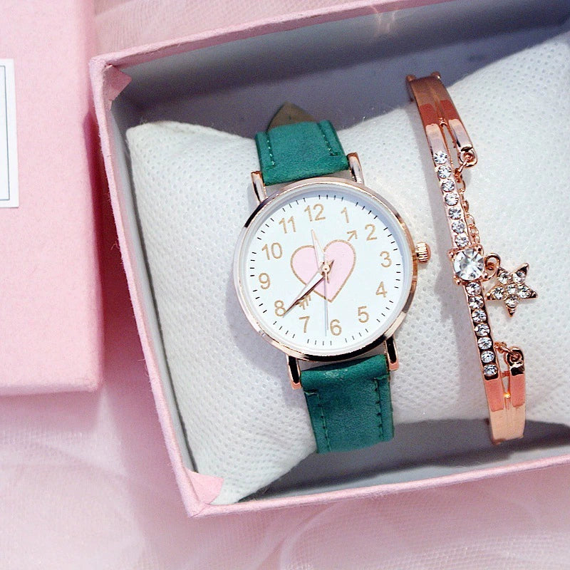 Women's Leisure Cute Heart Shaped Alloy Case Imitation Leather Strap Titanium Buckle Watch - Image 10