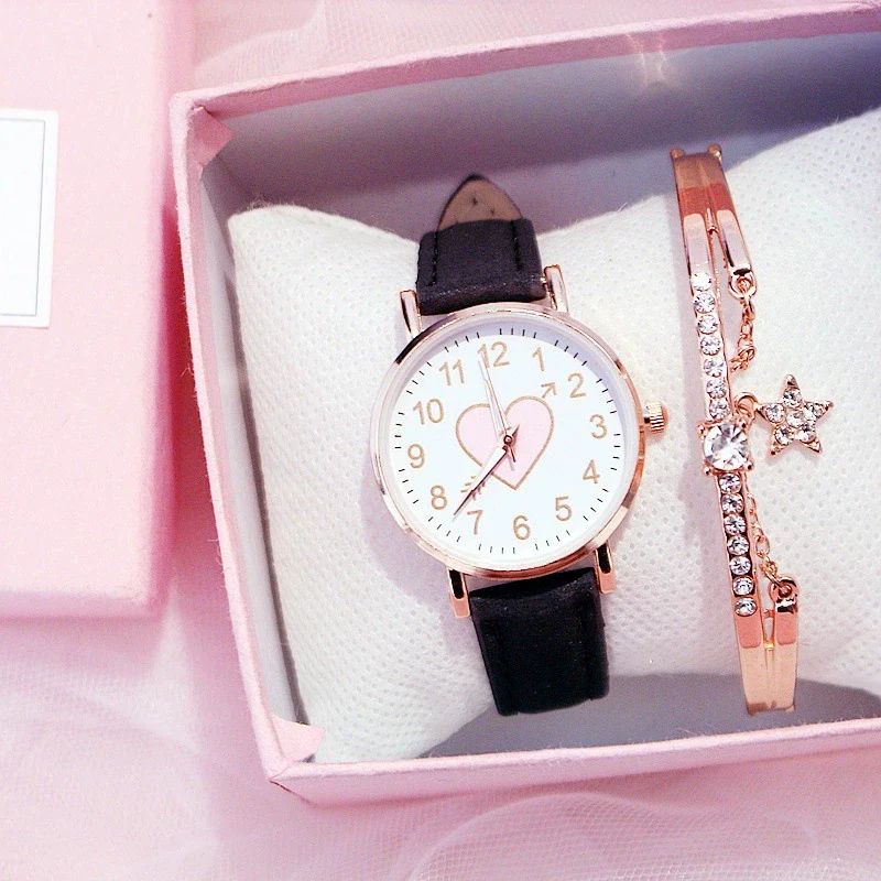 Women's Leisure Cute Heart Shaped Alloy Case Imitation Leather Strap Titanium Buckle Watch - Image 11