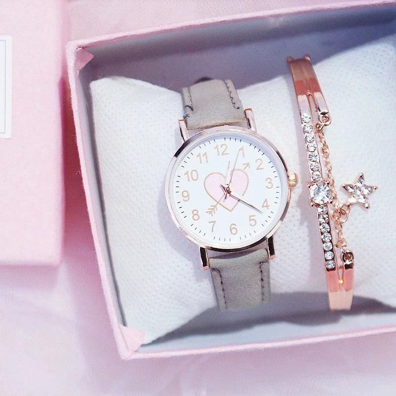 Women's Leisure Cute Heart Shaped Alloy Case Imitation Leather Strap Titanium Buckle Watch - Image 12