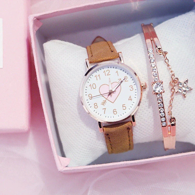 Women's Leisure Cute Heart Shaped Alloy Case Imitation Leather Strap Titanium Buckle Watch - Image 13