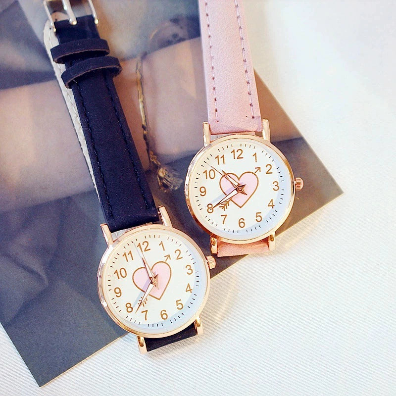 Women's Leisure Cute Heart Shaped Alloy Case Imitation Leather Strap Titanium Buckle Watch - Image 4