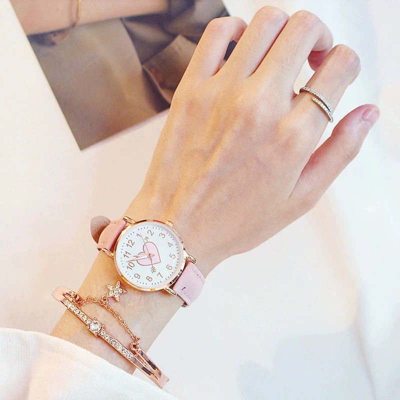Women's Leisure Cute Heart Shaped Alloy Case Imitation Leather Strap Titanium Buckle Watch - Image 9