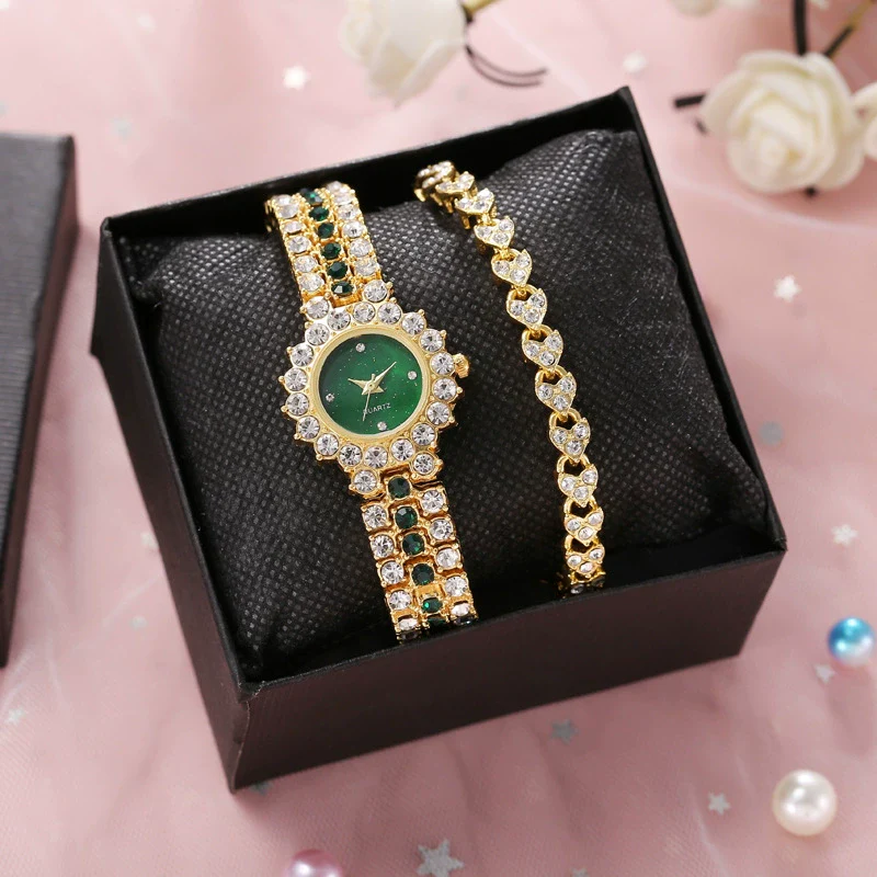 Women's Leisure Diamond Bracelet Watch Twopiece Set Alloy Case Imitation Leather Strap Titanium Metal Clasp Round Dial