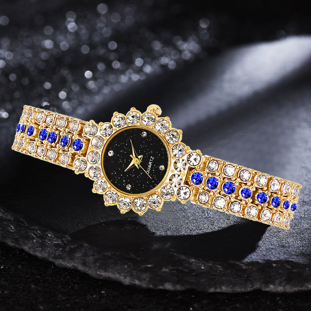 Women's Leisure Diamond Bracelet Watch Twopiece Set Alloy Case Imitation Leather Strap Titanium Metal Clasp Round Dial - Image 3