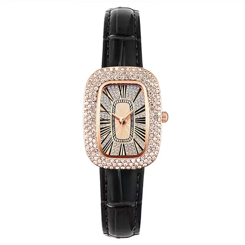 Women's Leisure Metal And Imitation Leather Barrelshaped Rhinestone Watch - Image 7