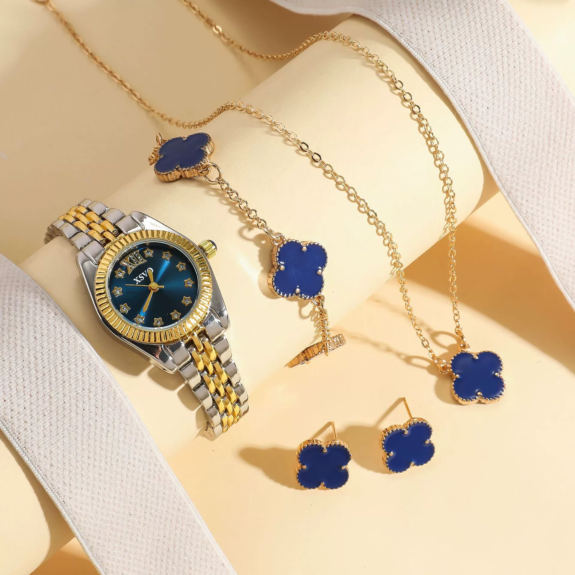 Women's Leisure Quartz Watch And Fourleaf Clover Necklace Jewelry Set Alloy Case Stainless Steel Buckle Imitation Leather Strap Round Dial - Image 2