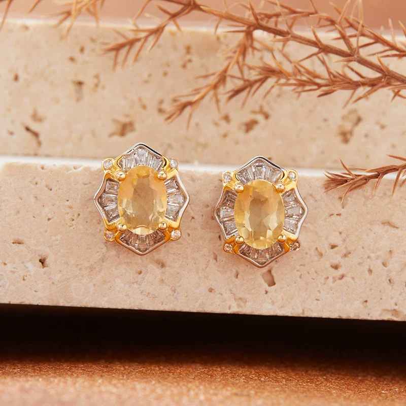 Women's Light Luxury Geometric S925 Sterling Silver Colored Gemstone Earrings Set With Natural Topaz Garnet Amethyst Citrine - Image 3