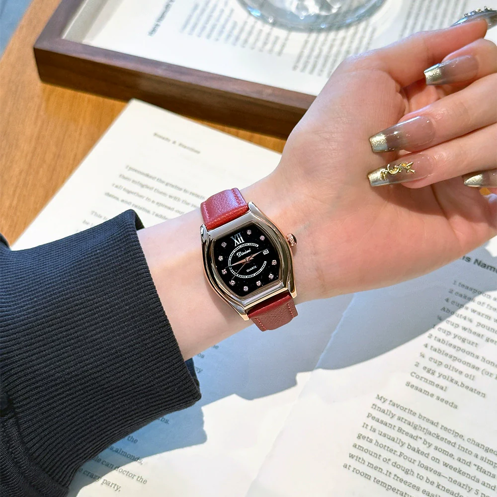 Women's Luxury Barrelshaped Quartz Watch Alloy Case Genuine Leather Strap Stainless Steel Buckle Mineral Reinforced Glass Mirror - Image 3