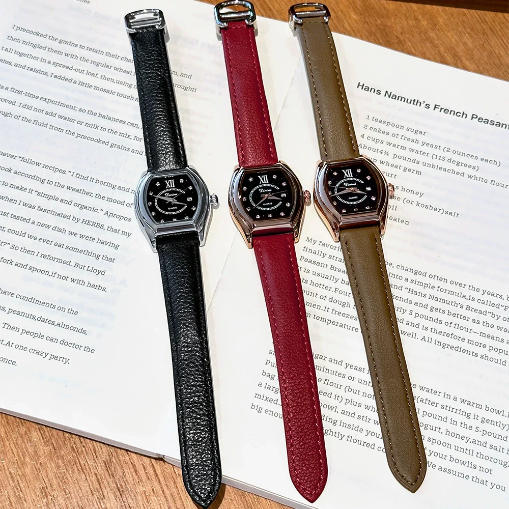 Women's Luxury Barrelshaped Quartz Watch Alloy Case Genuine Leather Strap Stainless Steel Buckle Mineral Reinforced Glass Mirror - Image 4