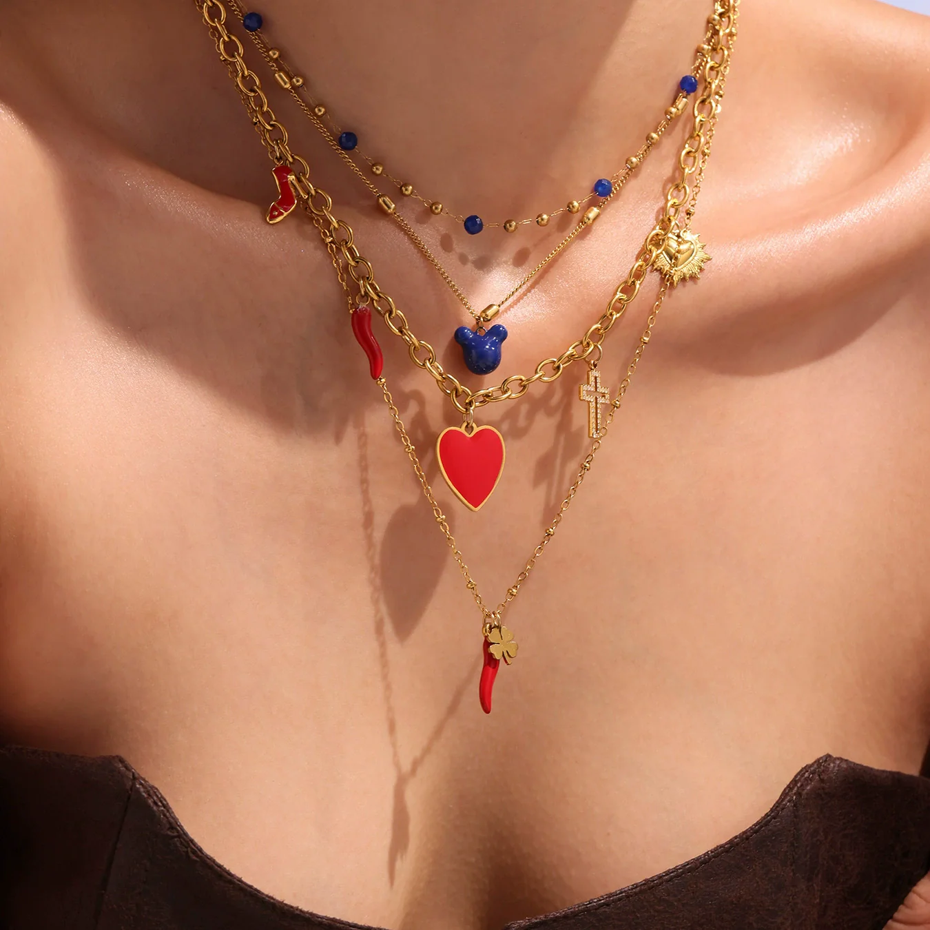 Women's Luxury Ferris Wheel Heart Cross Necklace With Geometric Pattern Made Of Stainless Steel Zircon Enamel Glaze And Titanium Steel Electroplated - Image 3