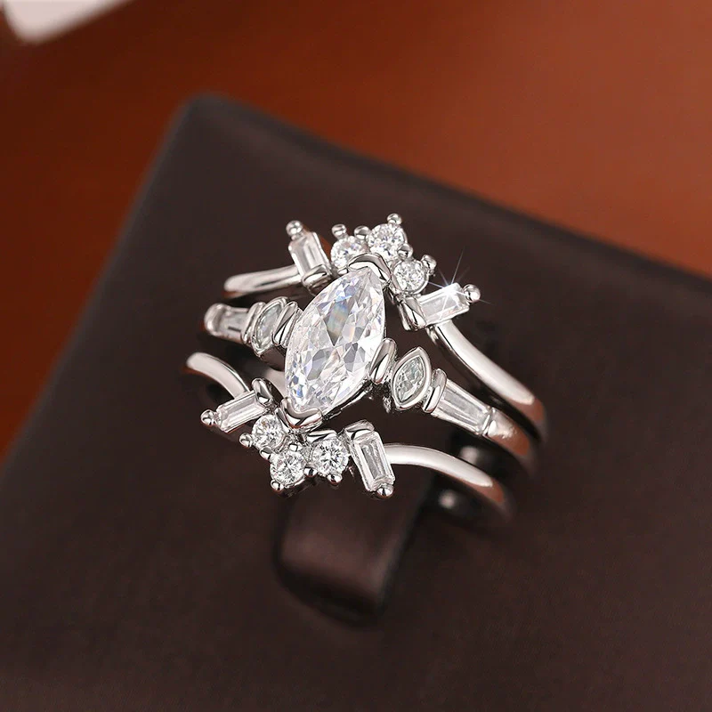 Women's Luxury Geometric Marquise Copper Zirconia Ring Threepiece Set Engagement Wedding Jewelry - Image 3