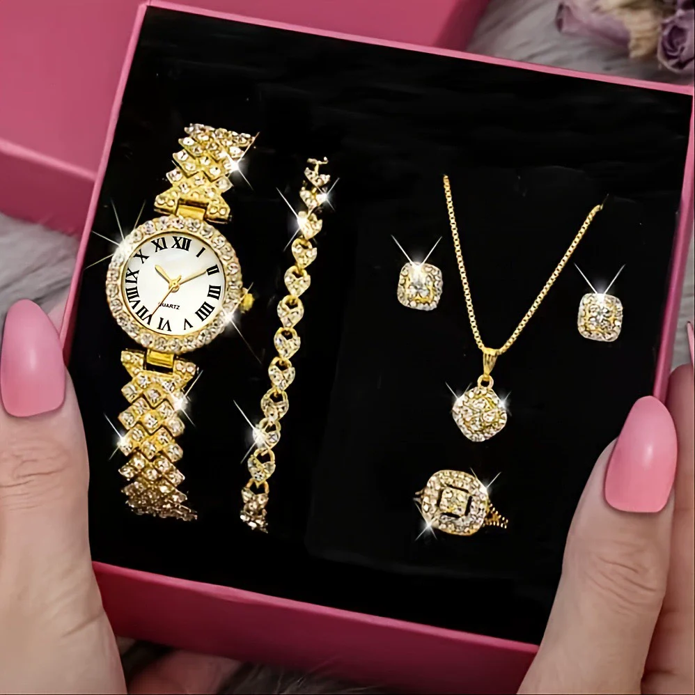 Women's Luxury Quartz Wrist Watch Alloy Material Round Dial Embedded With Diamond Fivepiece Gift Box Leisure Style