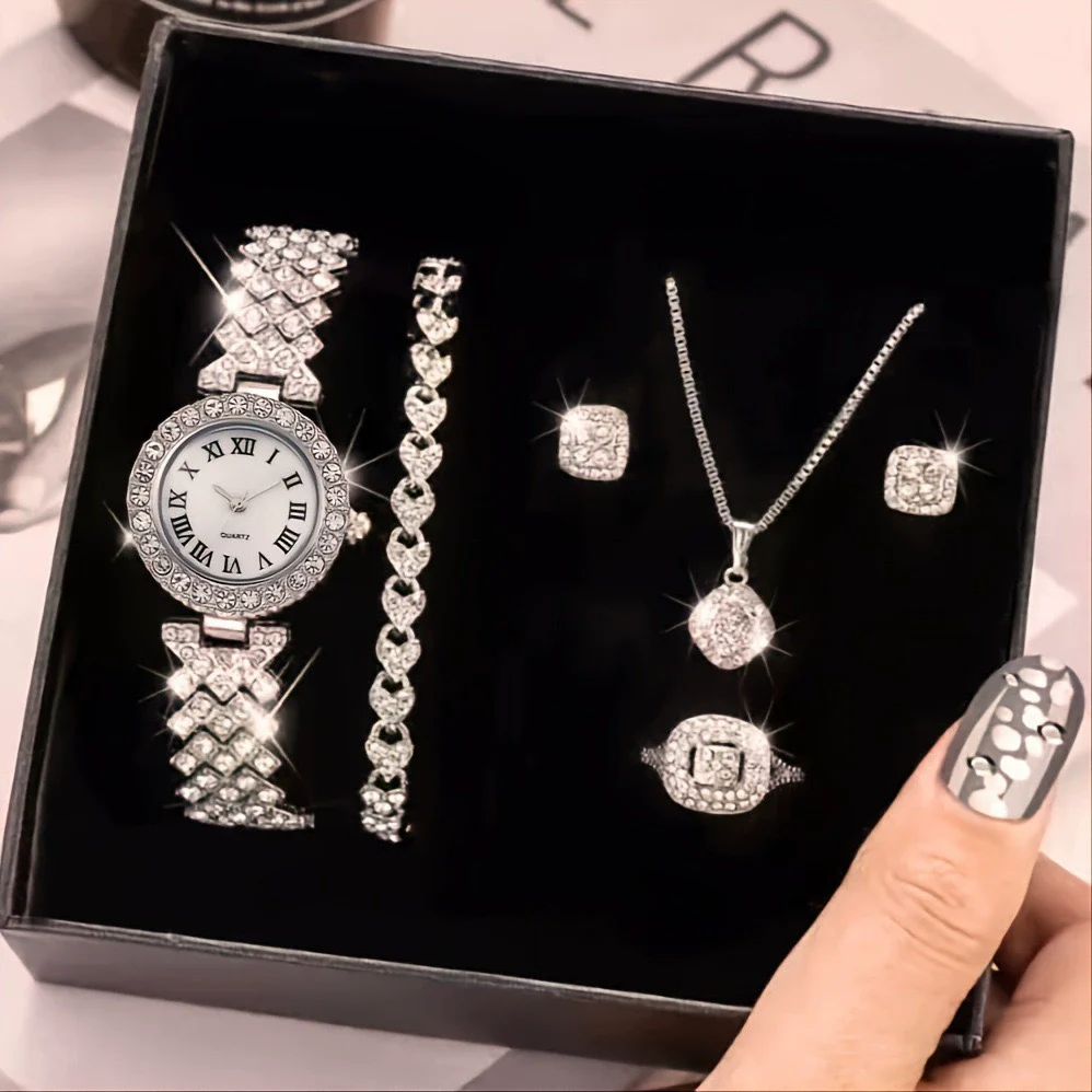Women's Luxury Quartz Wrist Watch Alloy Material Round Dial Embedded With Diamond Fivepiece Gift Box Leisure Style - Image 2