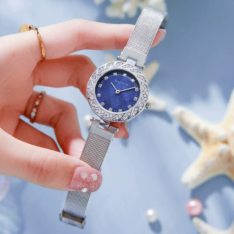 Women's Metal And Stainless Steel Milan Belt Mesh Belt Diamondencrusted Round Dial Watch With Horseshoe Buckle
