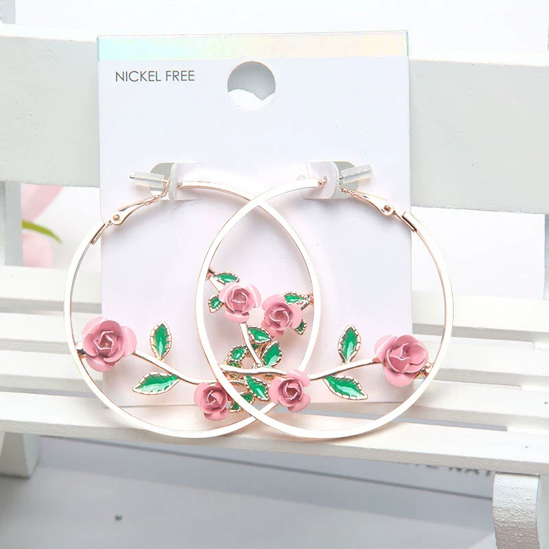 Women's Metal Fashion Large Round Exaggerated Earrings With Flower Pattern And Electroplating Design - Image 6