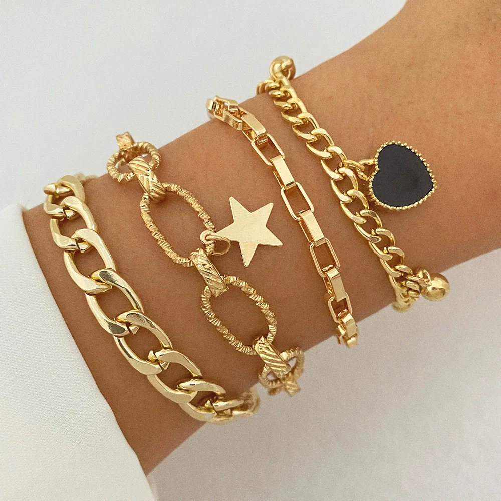 Women's Metal Heart Pattern Stacked Exaggerated Thread Chain Alloy Bracelet Fourpiece Set With Electroplating - Image 7