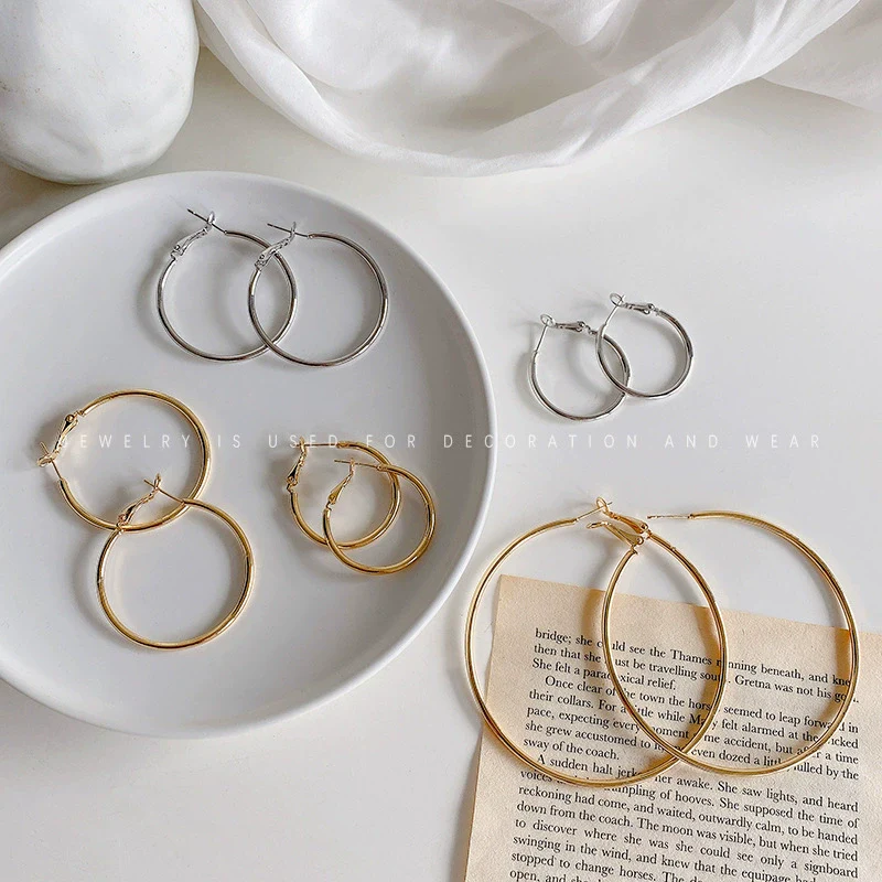 Women's Metal Hoop Earrings 925 Silver Needle Geometric Style Electroplated - Image 2
