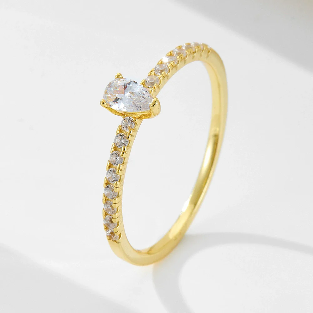 Women's Minimalist Diamond Design Drop Shape Sterling Silver Ring Jewelry