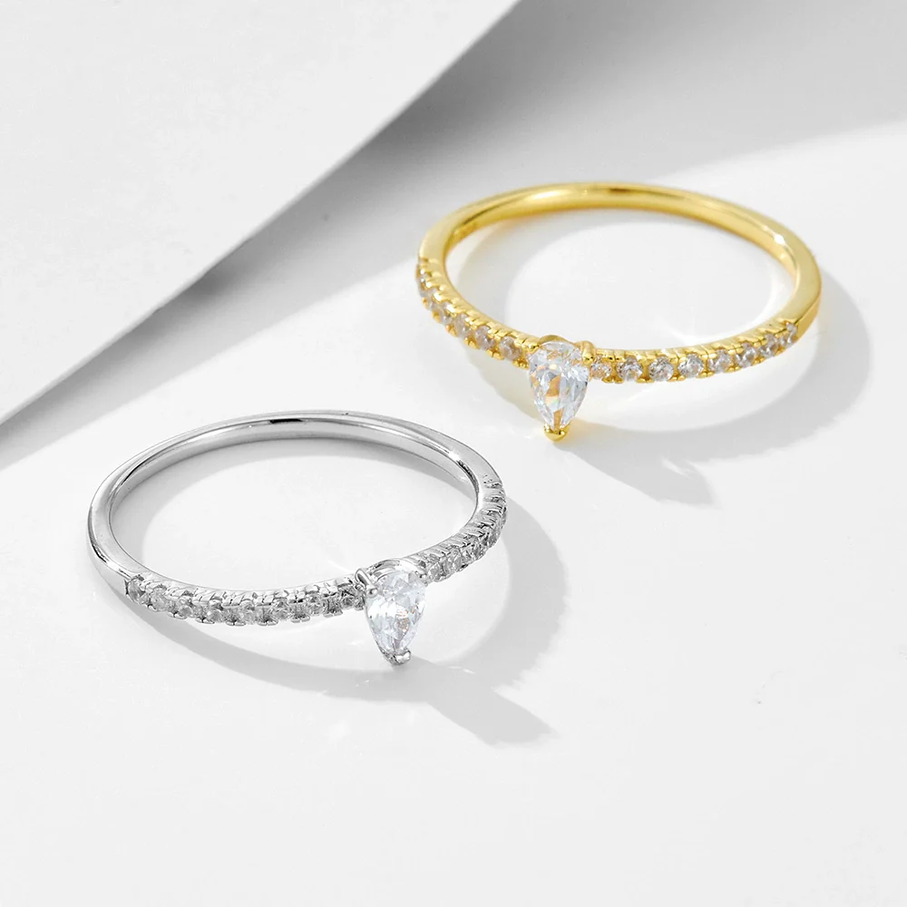 Women's Minimalist Diamond Design Drop Shape Sterling Silver Ring Jewelry - Image 3