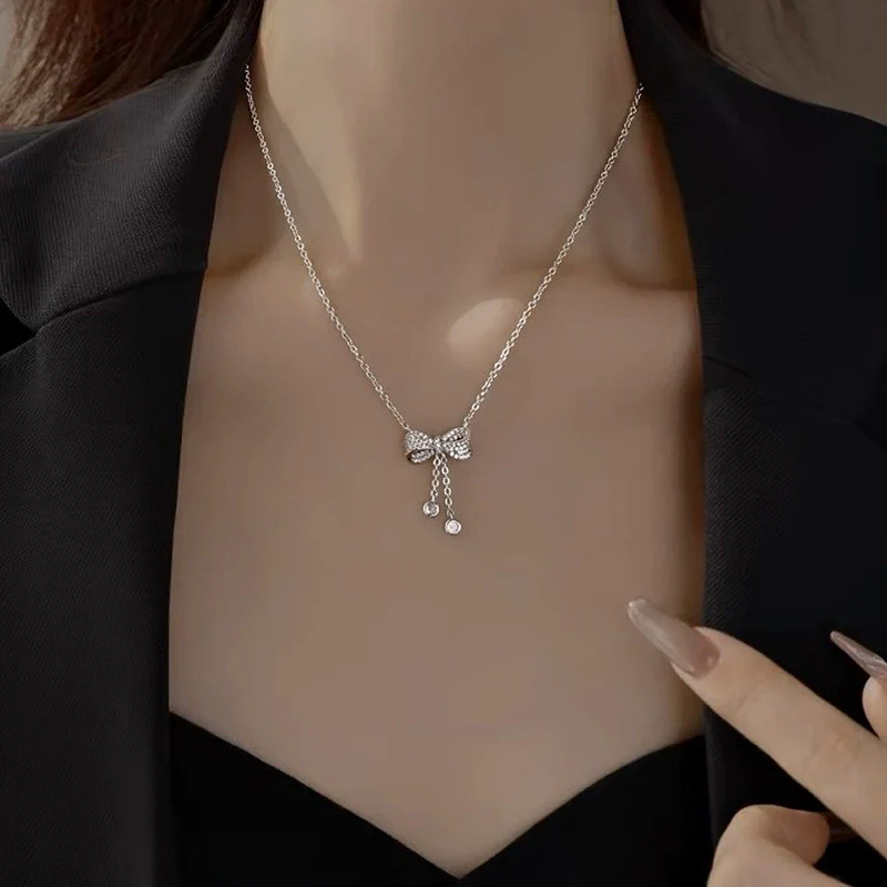 Women's Moissanite 925 Silver Bow Tassel Pendant Cross Chain Highend Electroplated Necklace - Image 3