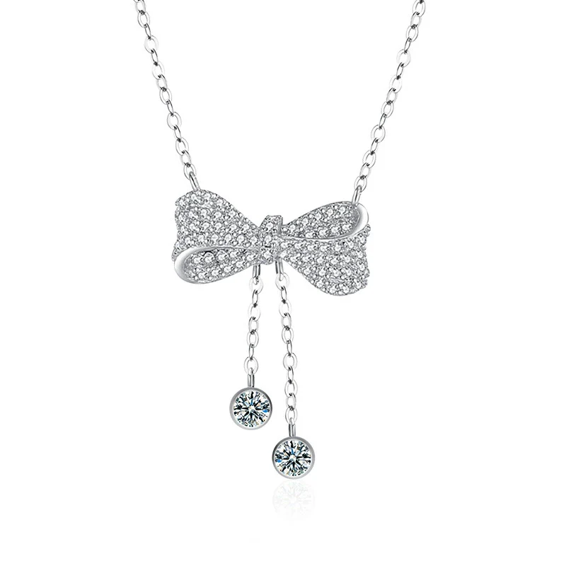 Women's Moissanite 925 Silver Bow Tassel Pendant Cross Chain Highend Electroplated Necklace - Image 4