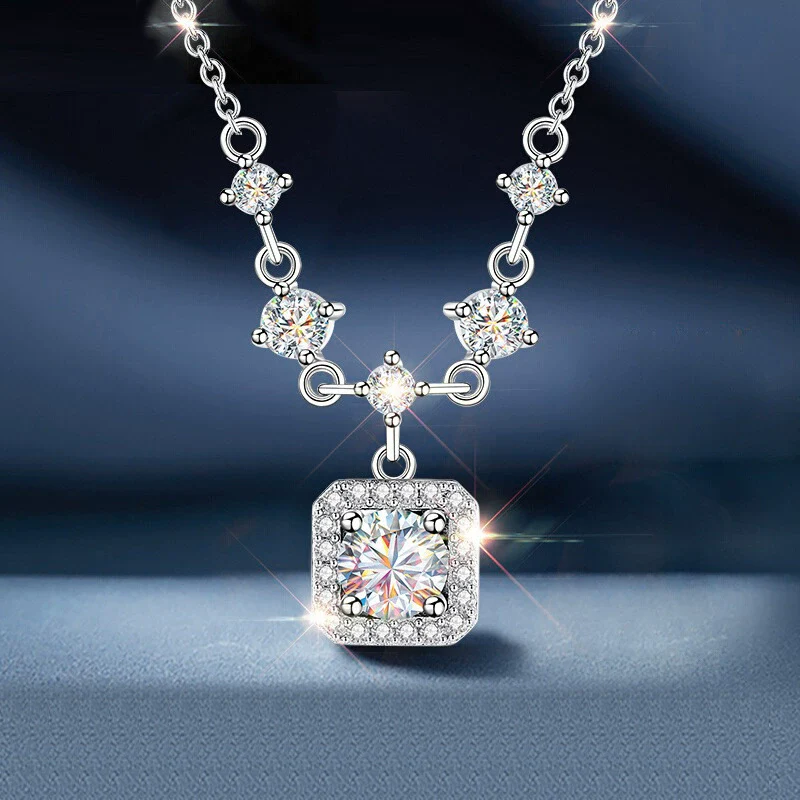 Women's Moissanite 925 Sterling Silver Tassel Necklace With Square Pendant And Cross Chain Ushape Design
