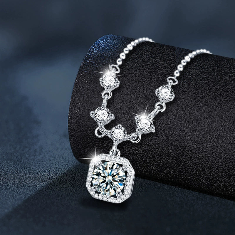 Women's Moissanite 925 Sterling Silver Tassel Necklace With Square Pendant And Cross Chain Ushape Design - Image 2