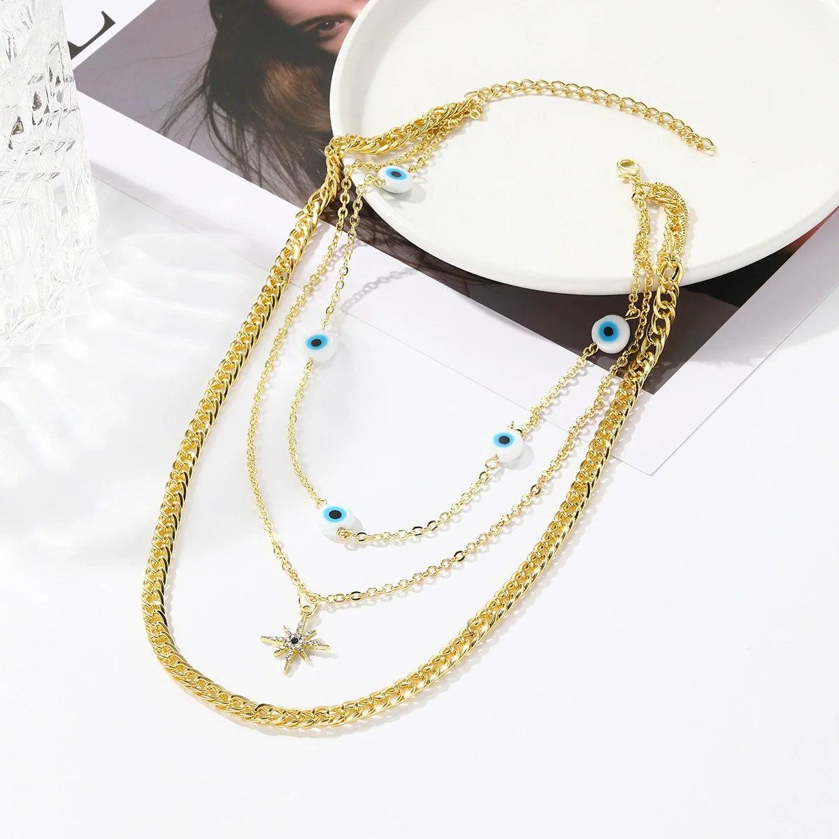 Women's Multilayer Alloy Necklace With Cross Chain Ushape Drop Shape Star Geometric Pattern Electroplated - Image 4
