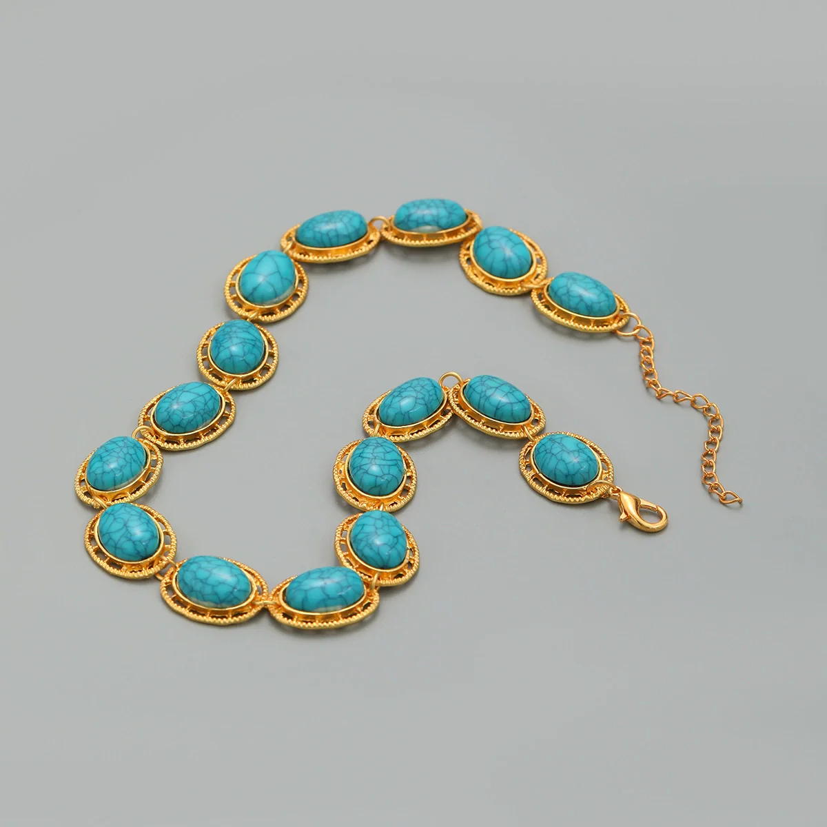 Women's Multilayer Oval Resin Turquoise Necklace With Geometric Pattern And Snake Bone Chain Hiphop Accessories - Image 4