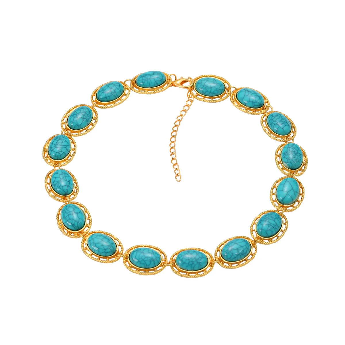 Women's Multilayer Oval Resin Turquoise Necklace With Geometric Pattern And Snake Bone Chain Hiphop Accessories - Image 5