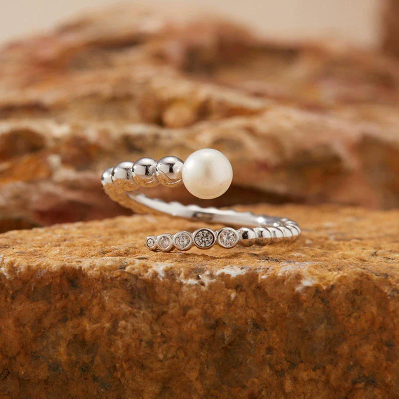 Women's Natural Black And Red Agate Pearl Ring In S925 Sterling Silver With Geometric Design - Image 3
