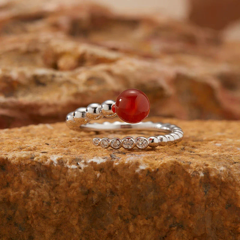 Women's Natural Black And Red Agate Pearl Ring In S925 Sterling Silver With Geometric Design - Image 4