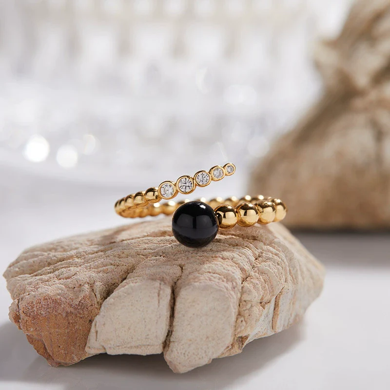 Women's Natural Black And Red Agate Pearl Ring In S925 Sterling Silver With Geometric Design - Image 6