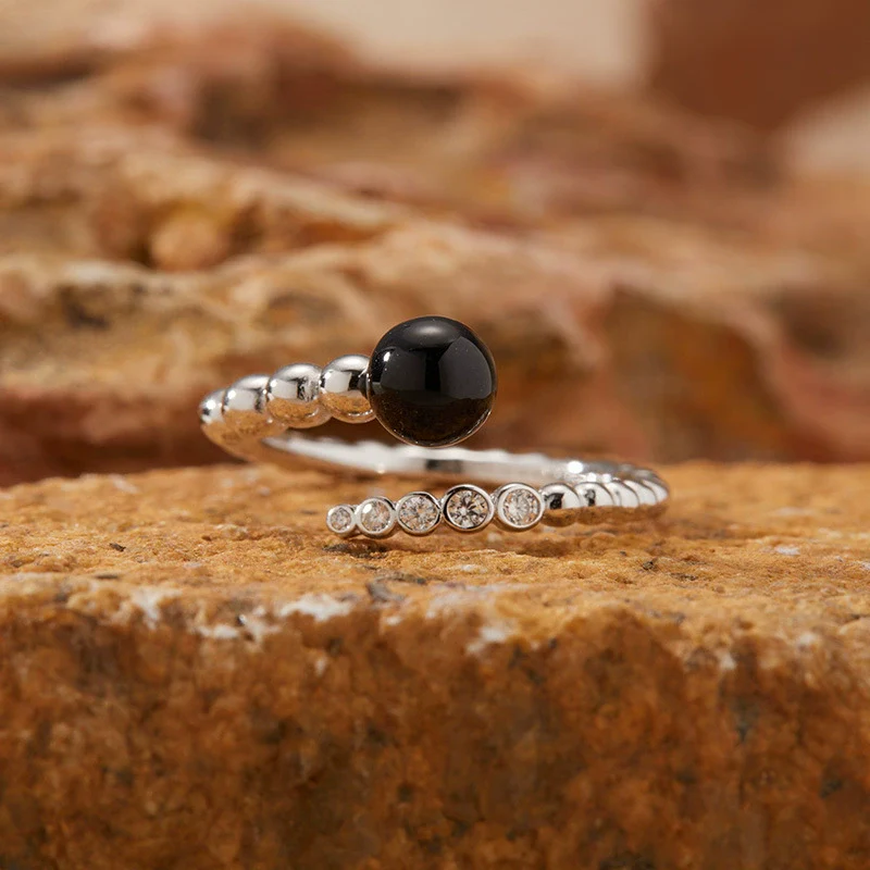 Women's Natural Black And Red Agate Pearl Ring In S925 Sterling Silver With Geometric Design - Image 7