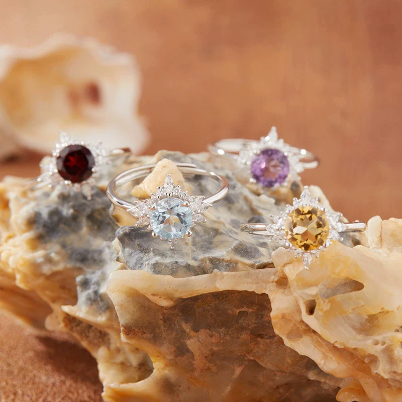 Women's Natural Colored Gemstone Ring S925 Sterling Silver Inlaid With Amethyst Topaz Garnet Geometric Style Set With Gemstones