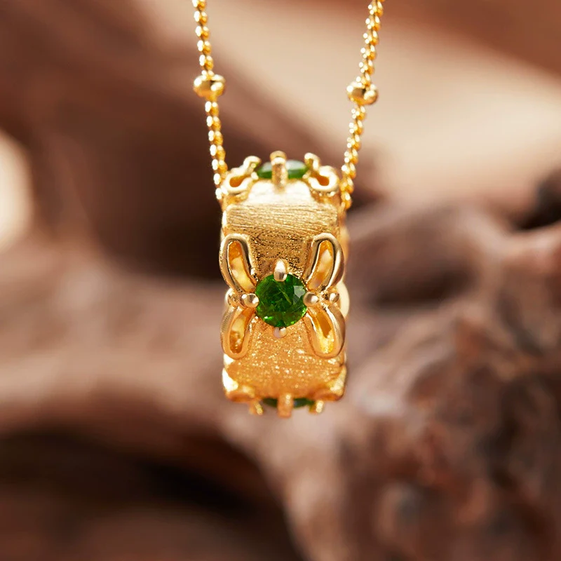 Women's Natural Diopside Garnet Colored Gemstone Pendant Necklace In Midcentury Style Set With Gems Geometric Pattern 925 Sterling Silver - Image 3