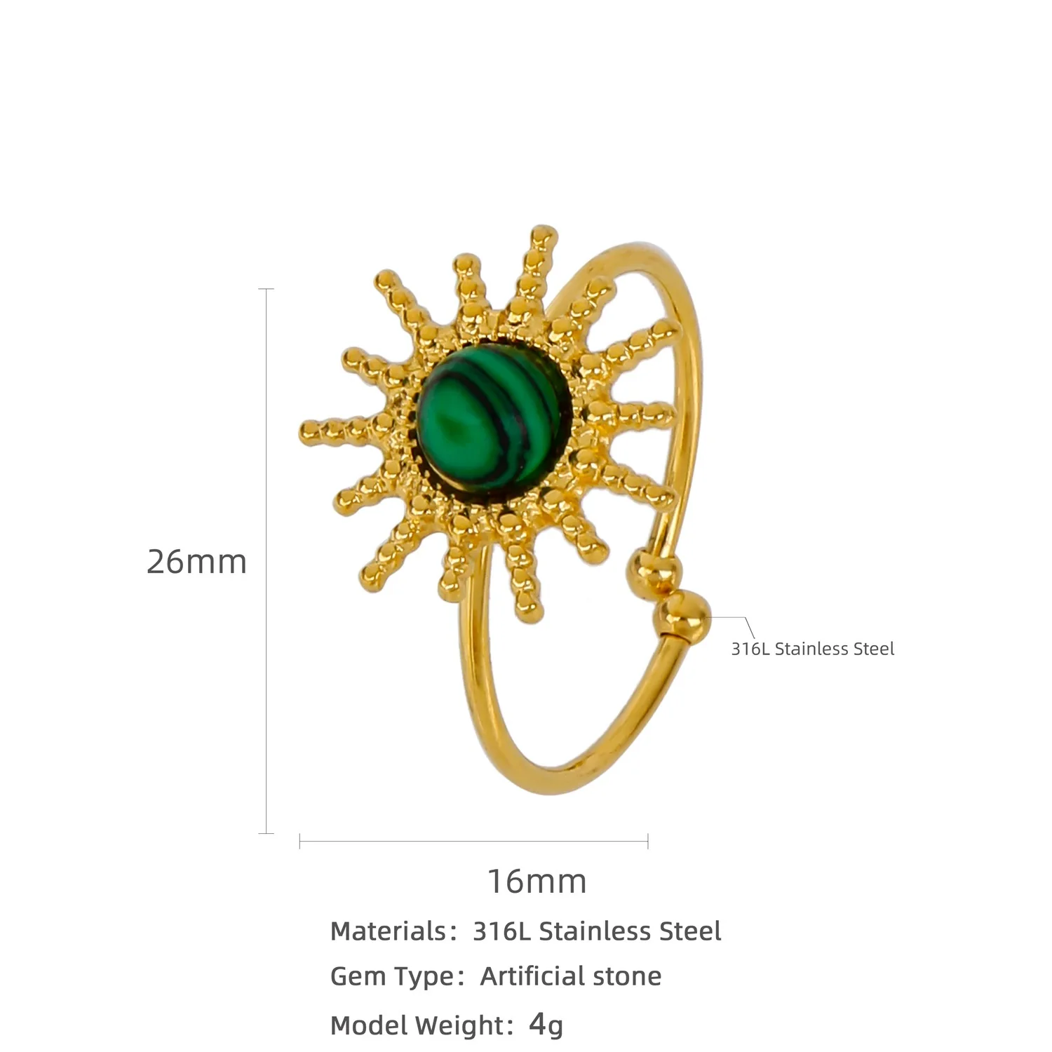 Women's Natural Fresh Wind Turquoise Sunflower Opening Stainless Steel Ring With Electroplating And Geometric Style - Image 6