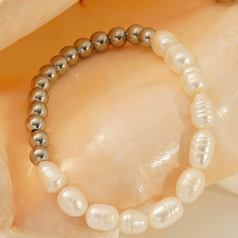 Women's Natural Geometric Freshwater Pearl 316L Stainless Steel Bracelet With Electroplating - Image 2