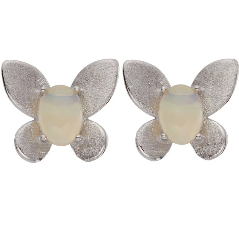 Women's Natural Opal Colored Gemstone Stud Earrings S925 Sterling Silver Animal Style Brushed - Image 5