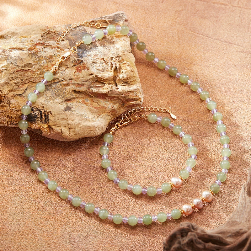 Women's Natural Pearl And 925 Sterling Silver Geometric Clavicle Chain Necklace Set