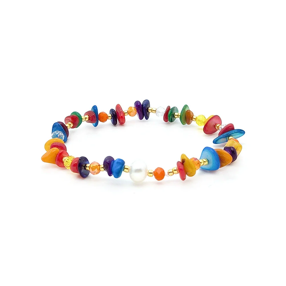 Women's Natural Retro Style Handwoven Glass And Glaze Beaded Bracelet With Geometric Pattern And Colorful Natural Pearl Gravel - Image 3
