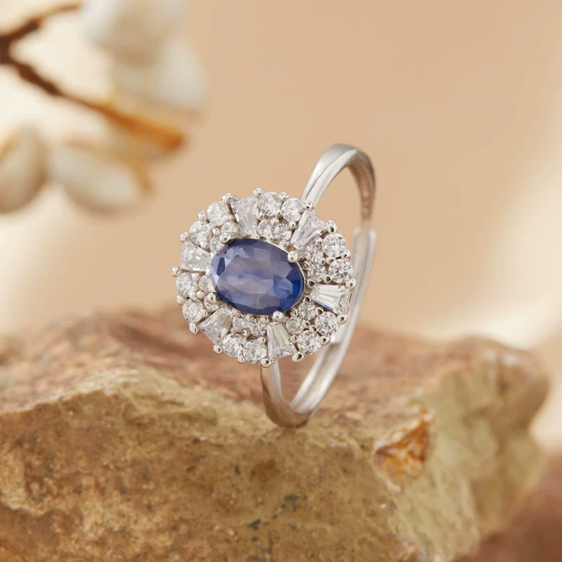 Women's Natural Sapphire Gemstone Ring In S925 Sterling Silver Geometric Style Set With Gemstones