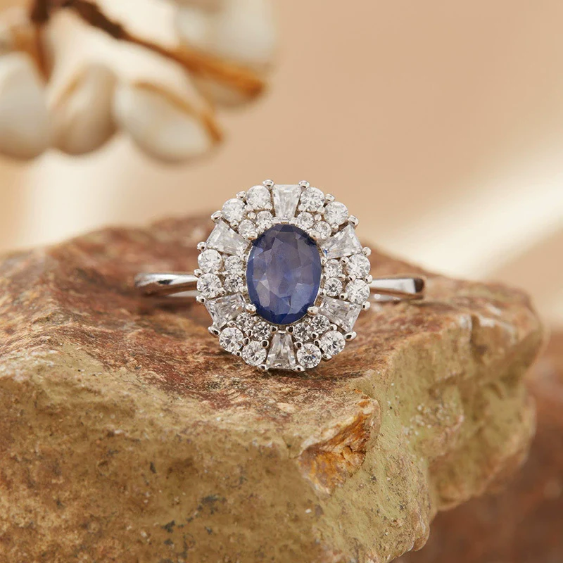 Women's Natural Sapphire Gemstone Ring In S925 Sterling Silver Geometric Style Set With Gemstones - Image 3