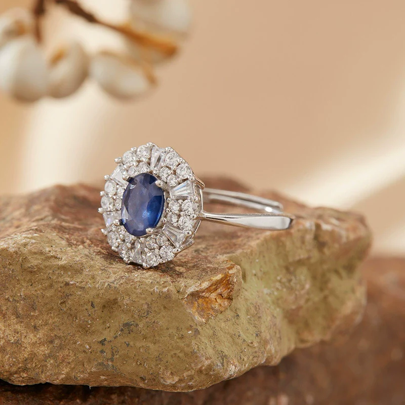 Women's Natural Sapphire Gemstone Ring In S925 Sterling Silver Geometric Style Set With Gemstones - Image 4