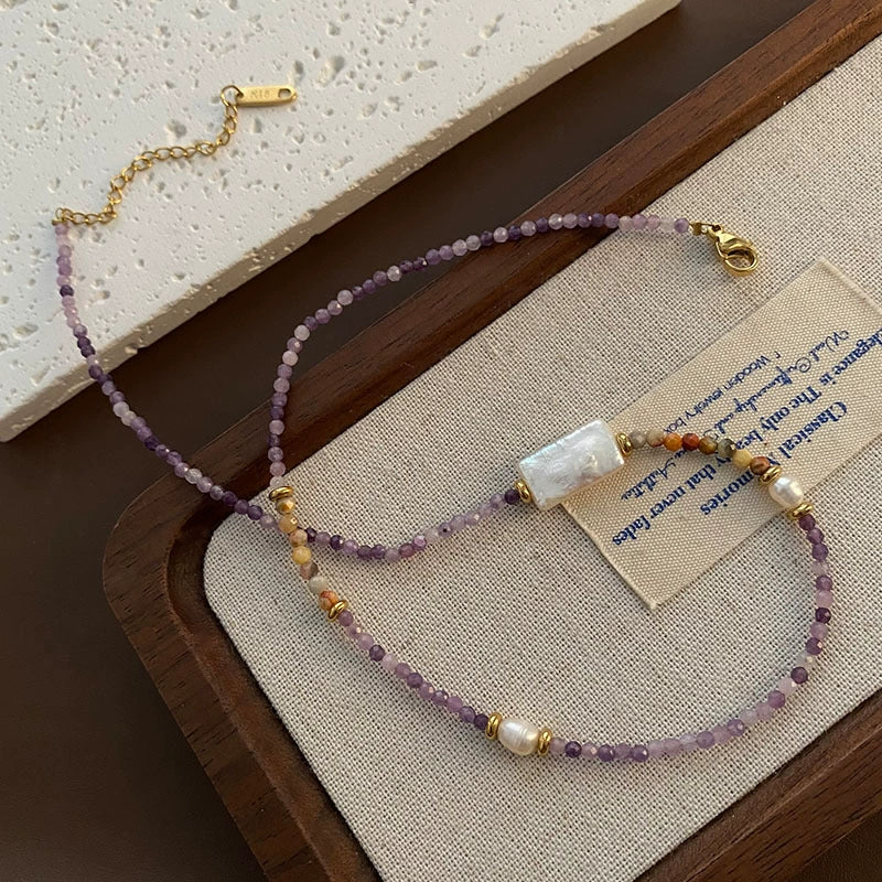 Women's Natural Stone And Titanium Steel Geometric Handmade Baroque Beaded Clavicle Chain Necklace
