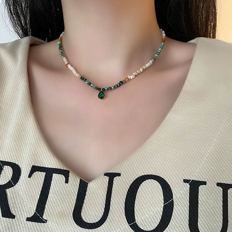 Women's Natural Stone And Titanium Steel Geometric Handmade Baroque Beaded Clavicle Chain Necklace - Image 10