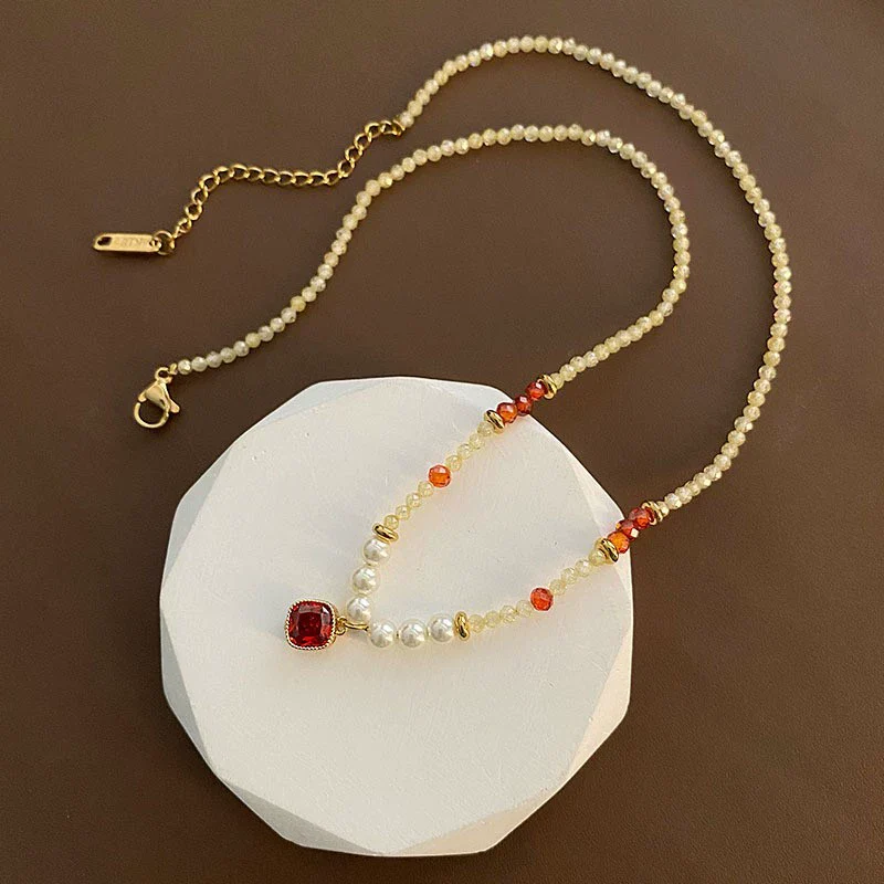 Women's Natural Stone And Titanium Steel Geometric Handmade Baroque Beaded Clavicle Chain Necklace - Image 12