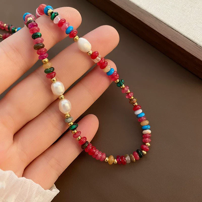Women's Natural Stone And Titanium Steel Geometric Handmade Baroque Beaded Clavicle Chain Necklace - Image 13